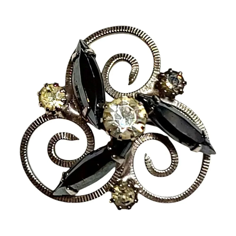 Vtg Black Marquise & Clear Round Rhinestone Scroll Work Brooch Pin Silver Tone